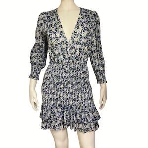Veronica Beard Darrah Mini Dress Womens 6 Blue Floral Smocked Ruffle Cotton